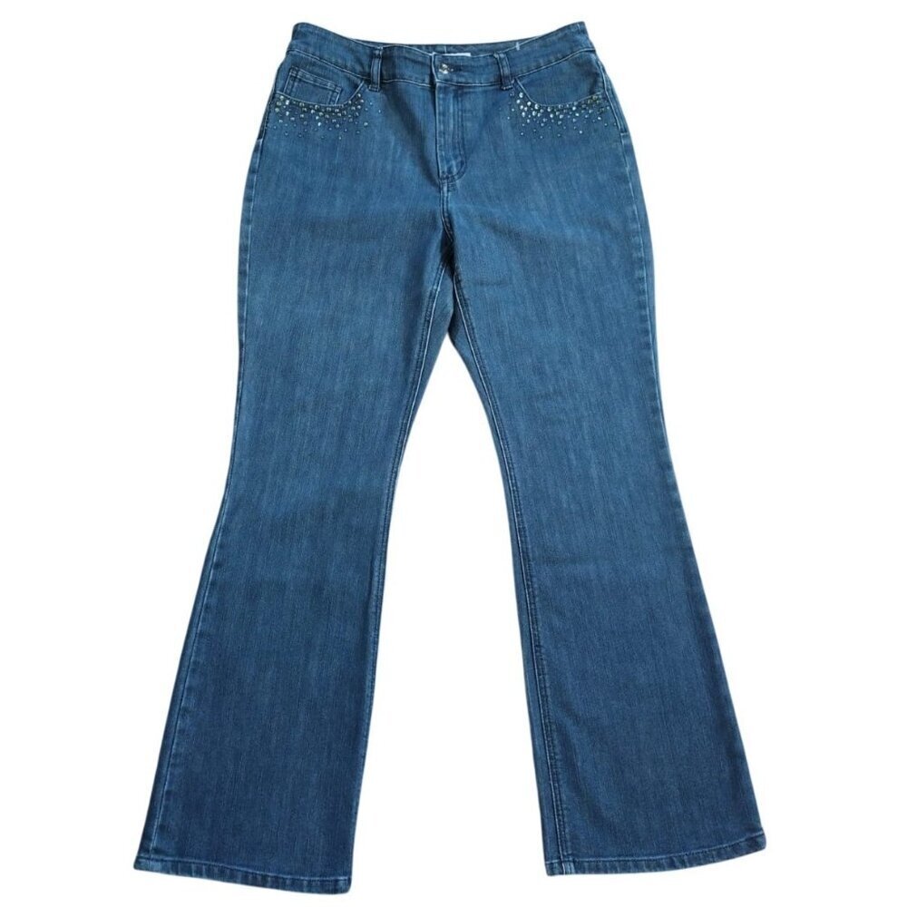Chico’s Platinum Embellished Flare Jeans Size 1.5 Reg Blue Stretch.
